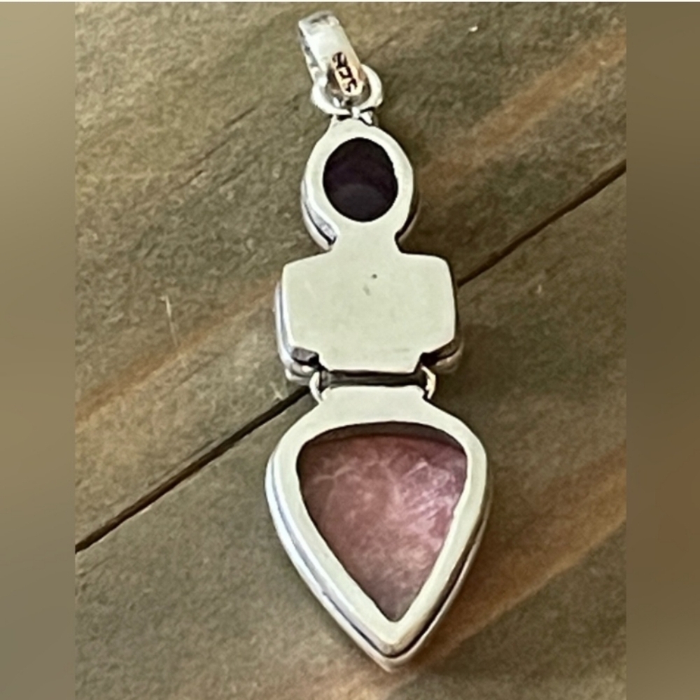 Rhodonite, Rainbow Moonstone, Amethyst Gemstone Long 2.5” Boho Silver Pendant - Picture 6 of 11